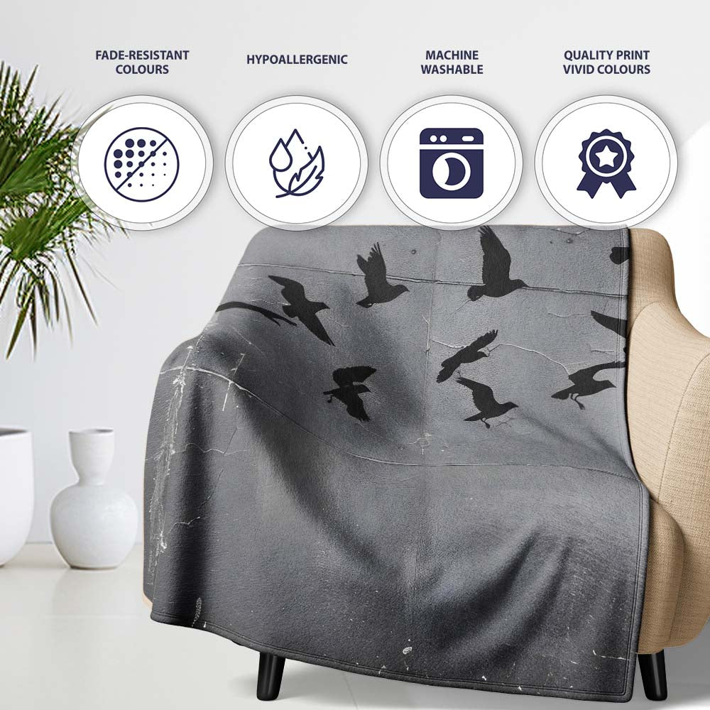 Woman Releasing Birds Grey Silhouette Street Art, All Season Comfort, Gift for Adults and Teens - Super Soft Fleece Blanket Bed Sofa Throw
