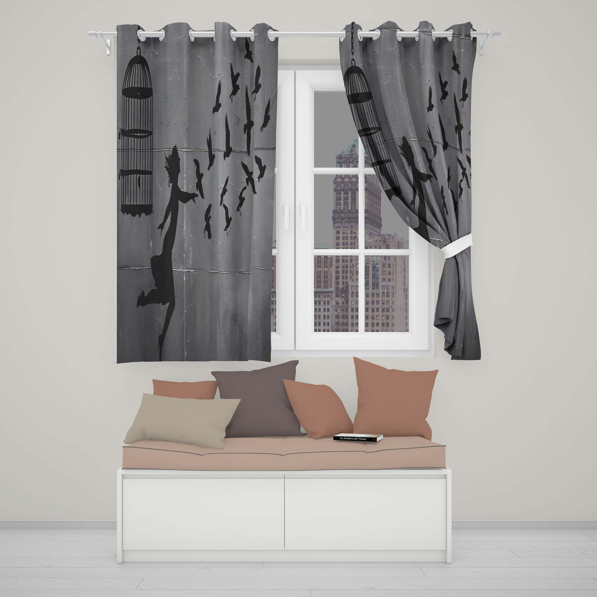 Woman Releasing Birds Grey Silhouette Street Art Contemporary Wall Art Home Decor Readymade Eyelet Ring Top Thermal 100% Blackout Curtains