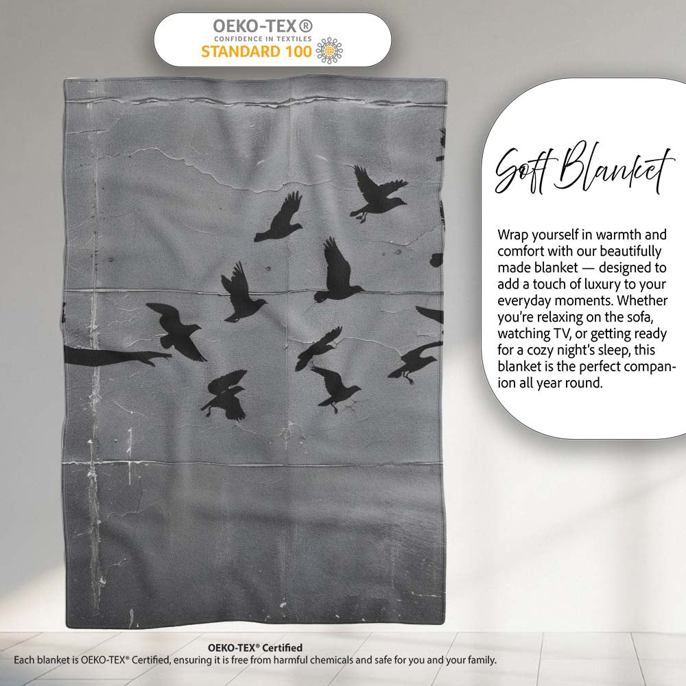 Woman Releasing Birds Grey Silhouette Street Art, All Season Comfort, Gift for Adults and Teens - Super Soft Fleece Blanket Bed Sofa Throw