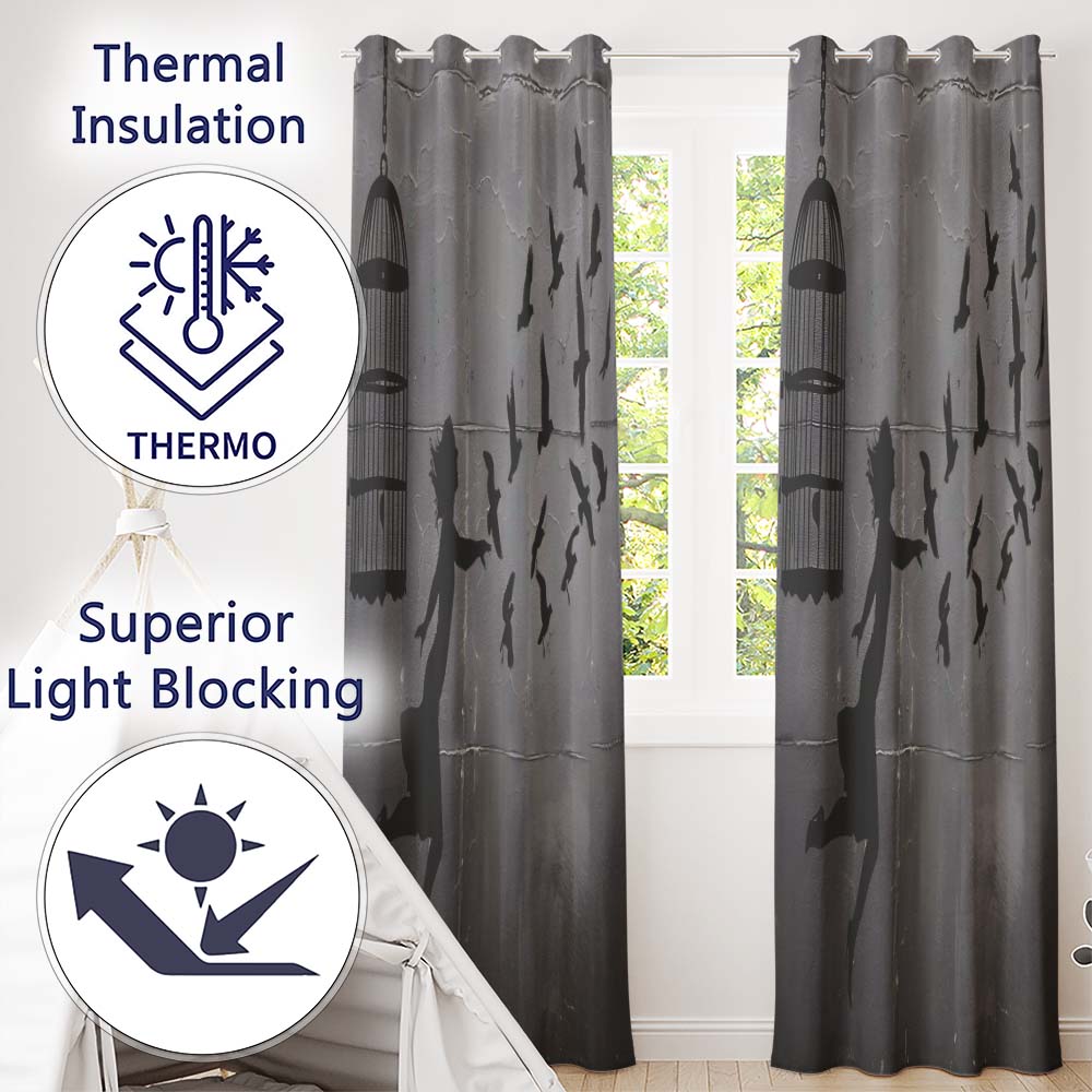 Woman Releasing Birds Grey Silhouette Street Art Contemporary Wall Art Home Decor Readymade Eyelet Ring Top Thermal 100% Blackout Curtains