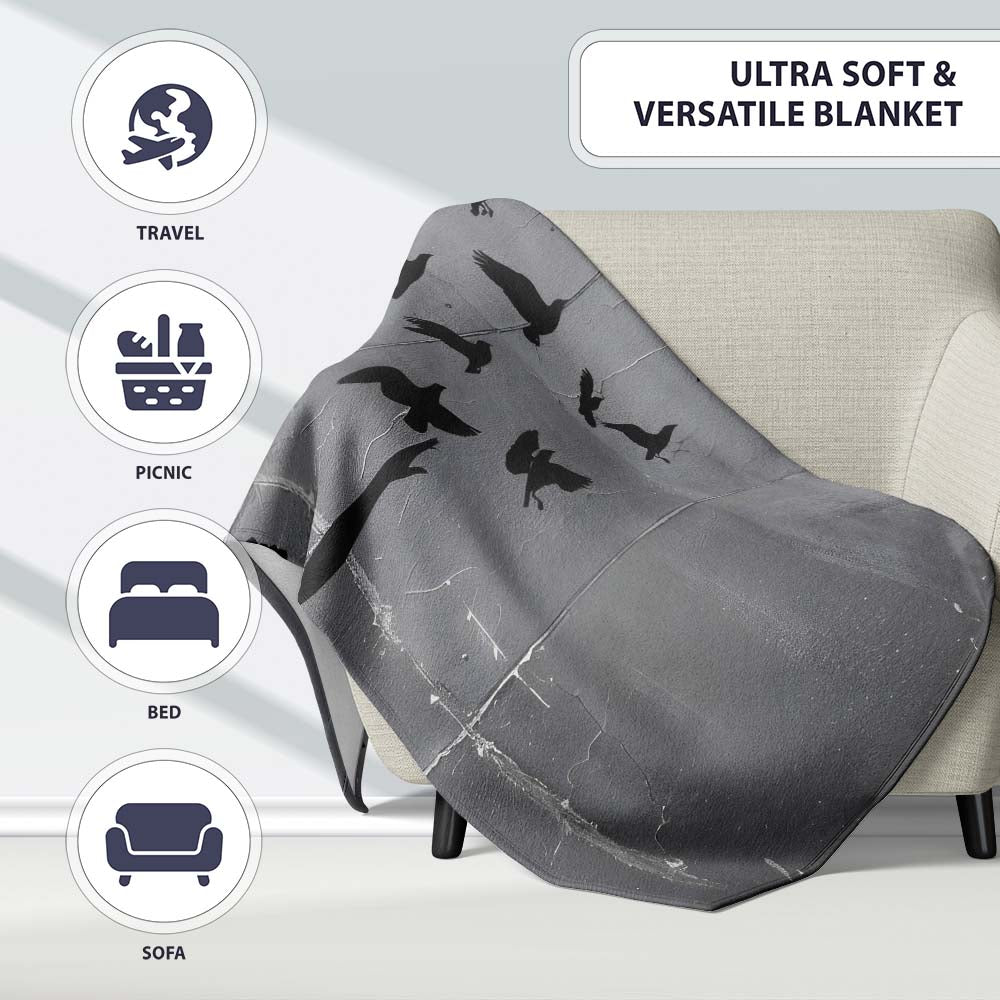 Woman Releasing Birds Grey Silhouette Street Art, All Season Comfort, Gift for Adults and Teens - Super Soft Fleece Blanket Bed Sofa Throw