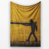 Yellow Giant Pencil Walking Figure Urban Artwork, All Season Comfort, Decorative Wall Art Style - Super Soft Fleece Blanket Bed Sofa Throw