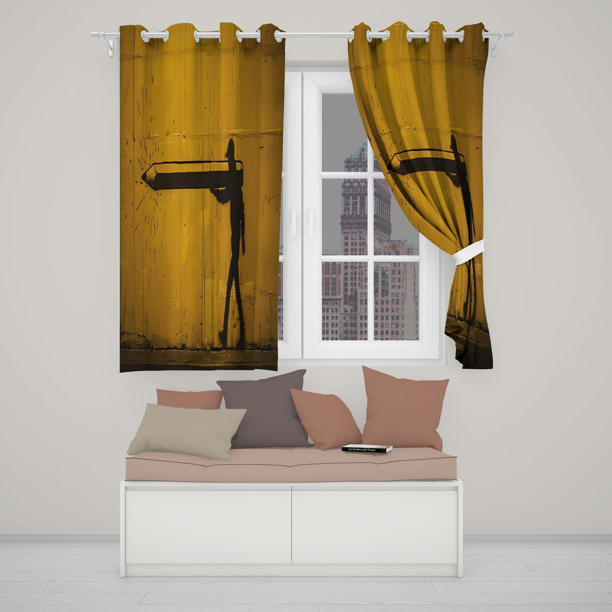 Yellow Giant Pencil Walking Figure Urban Artwork Contemporary Artistic Home Decor Readymade Eyelet Ring Top Thermal 100% Blackout Curtains