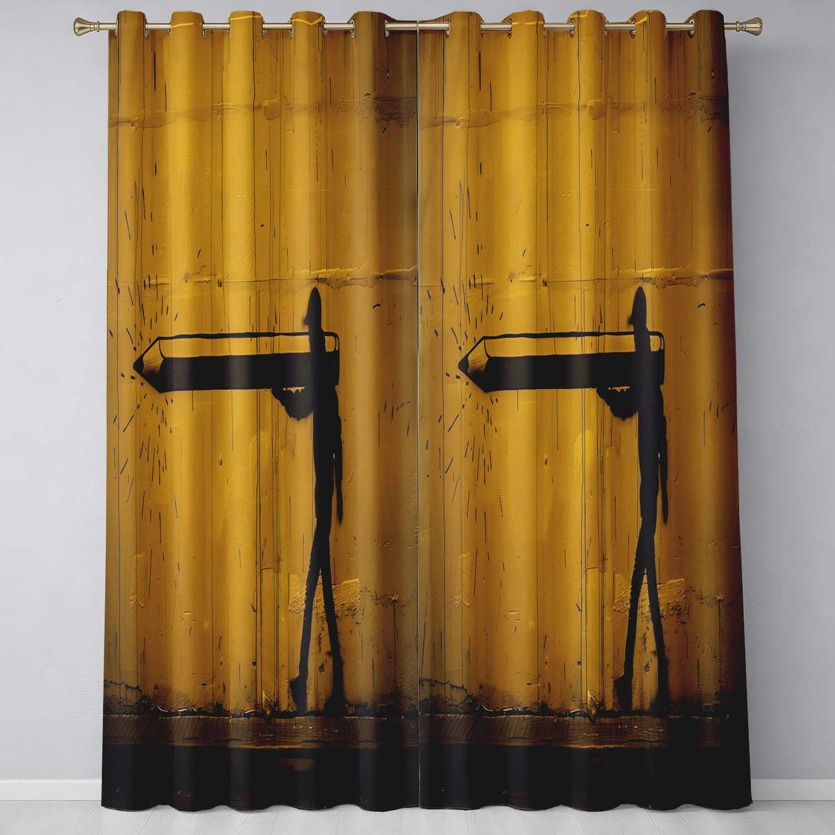 Yellow Giant Pencil Walking Figure Urban Artwork Contemporary Artistic Home Decor Readymade Eyelet Ring Top Thermal 100% Blackout Curtains