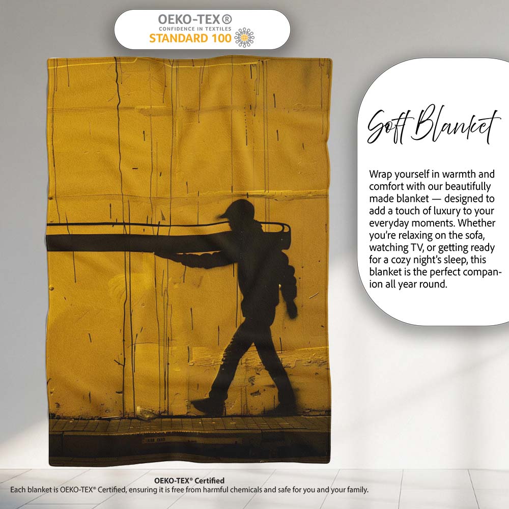Yellow Giant Pencil Walking Figure Urban Artwork, All Season Comfort, Decorative Wall Art Style - Super Soft Fleece Blanket Bed Sofa Throw
