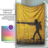 Yellow Giant Pencil Walking Figure Urban Artwork, All Season Comfort, Decorative Wall Art Style - Super Soft Fleece Blanket Bed Sofa Throw