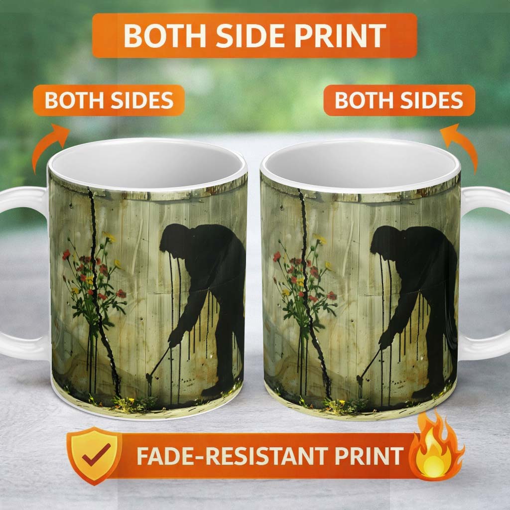 Wildflower Crack Shadow Figure Green Graffiti Art 11oz Ceramic Coffee Tea Mug White Large Handle