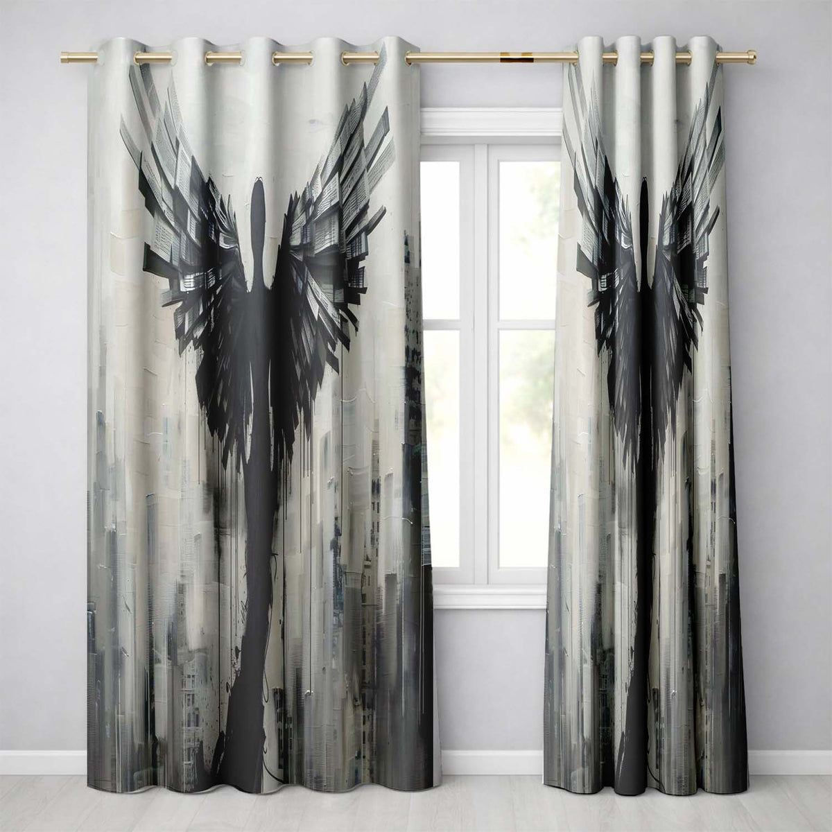 Winged Figure Above Grey City Skyline Abstract Striking Artwork for Bedroom Decor Readymade Eyelet Ring Top Thermal 100% Blackout Curtains