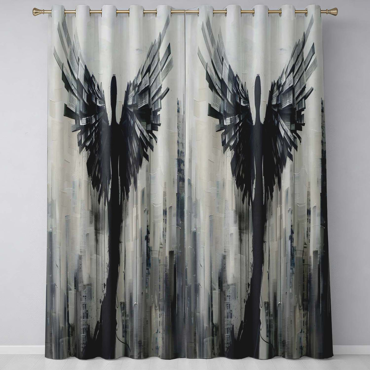 Winged Figure Above Grey City Skyline Abstract Striking Artwork for Bedroom Decor Readymade Eyelet Ring Top Thermal 100% Blackout Curtains