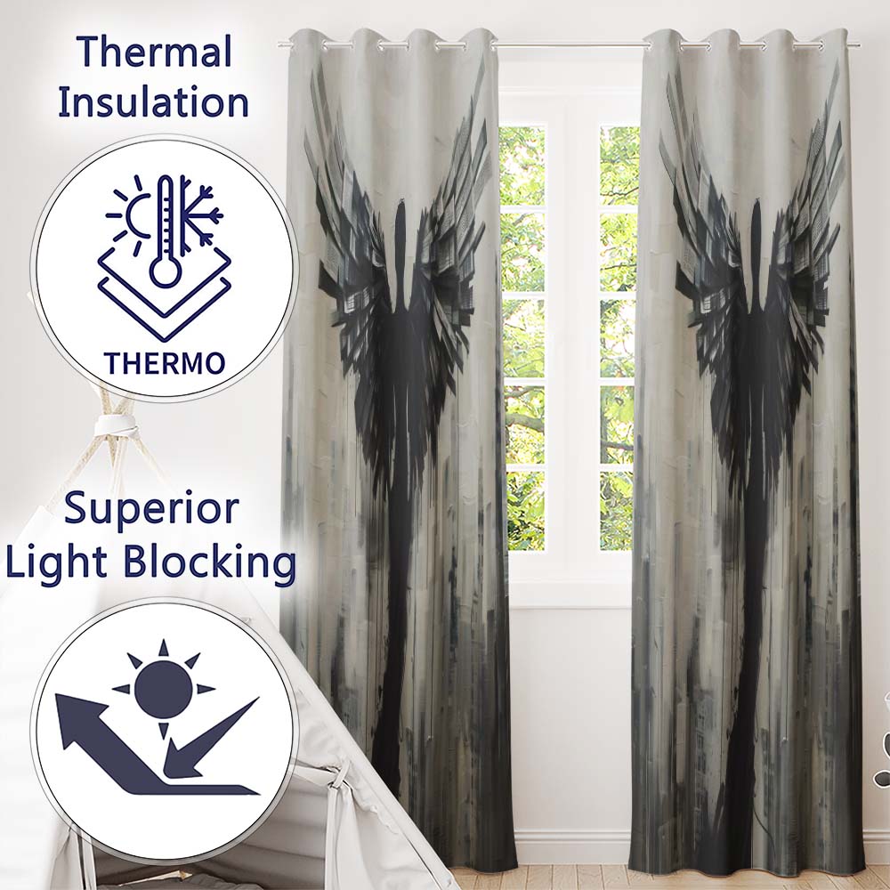 Winged Figure Above Grey City Skyline Abstract Striking Artwork for Bedroom Decor Readymade Eyelet Ring Top Thermal 100% Blackout Curtains