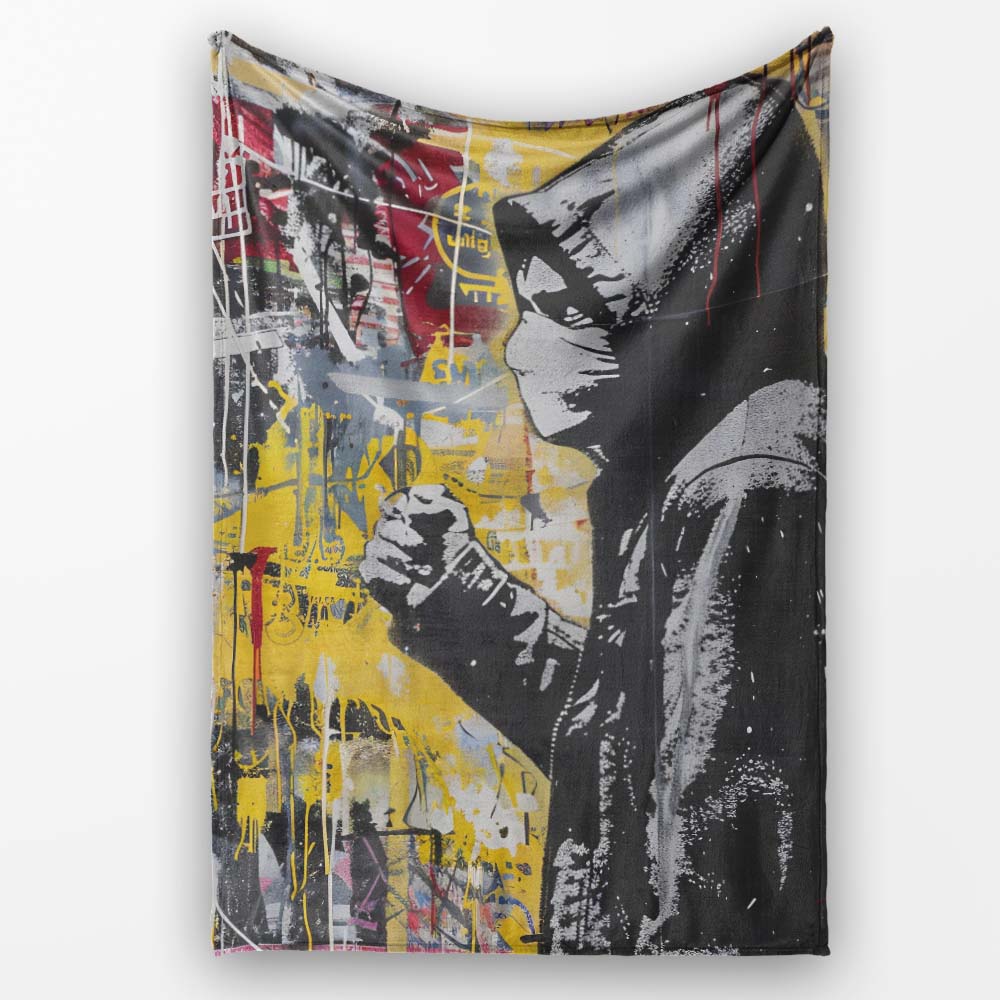 Masked Cameraman Yellow Grey Urban Collage, Decorative Wall Art Style, Comfortable Everyday Use - Super Soft Fleece Blanket Bed Sofa Throw