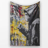 Masked Cameraman Yellow Grey Urban Collage, Decorative Wall Art Style, Comfortable Everyday Use - Super Soft Fleece Blanket Bed Sofa Throw