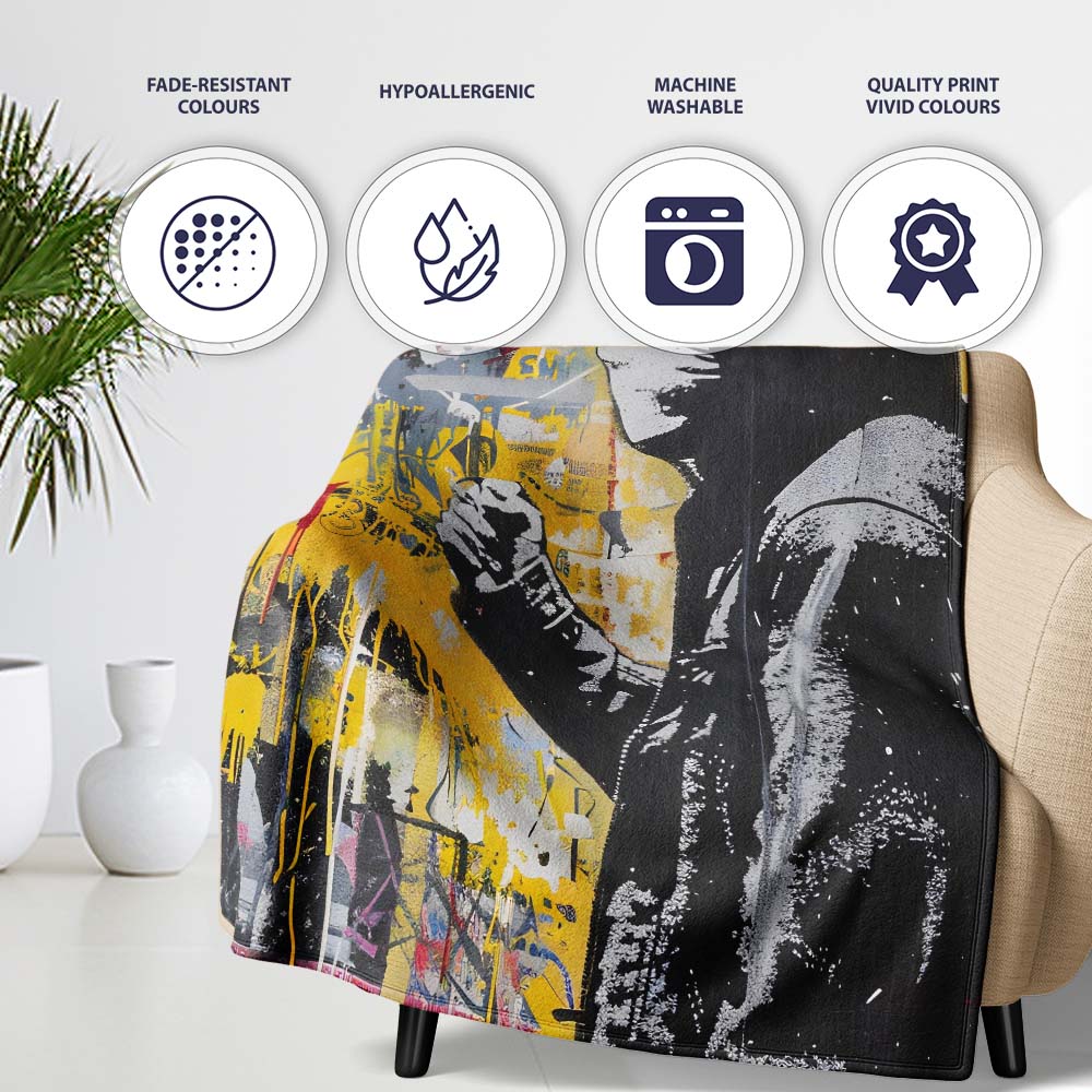 Masked Cameraman Yellow Grey Urban Collage, Decorative Wall Art Style, Comfortable Everyday Use - Super Soft Fleece Blanket Bed Sofa Throw
