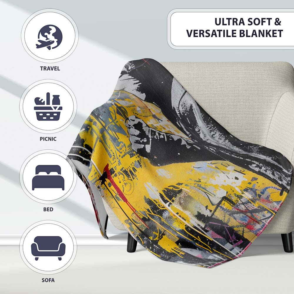 Masked Cameraman Yellow Grey Urban Collage, Decorative Wall Art Style, Comfortable Everyday Use - Super Soft Fleece Blanket Bed Sofa Throw