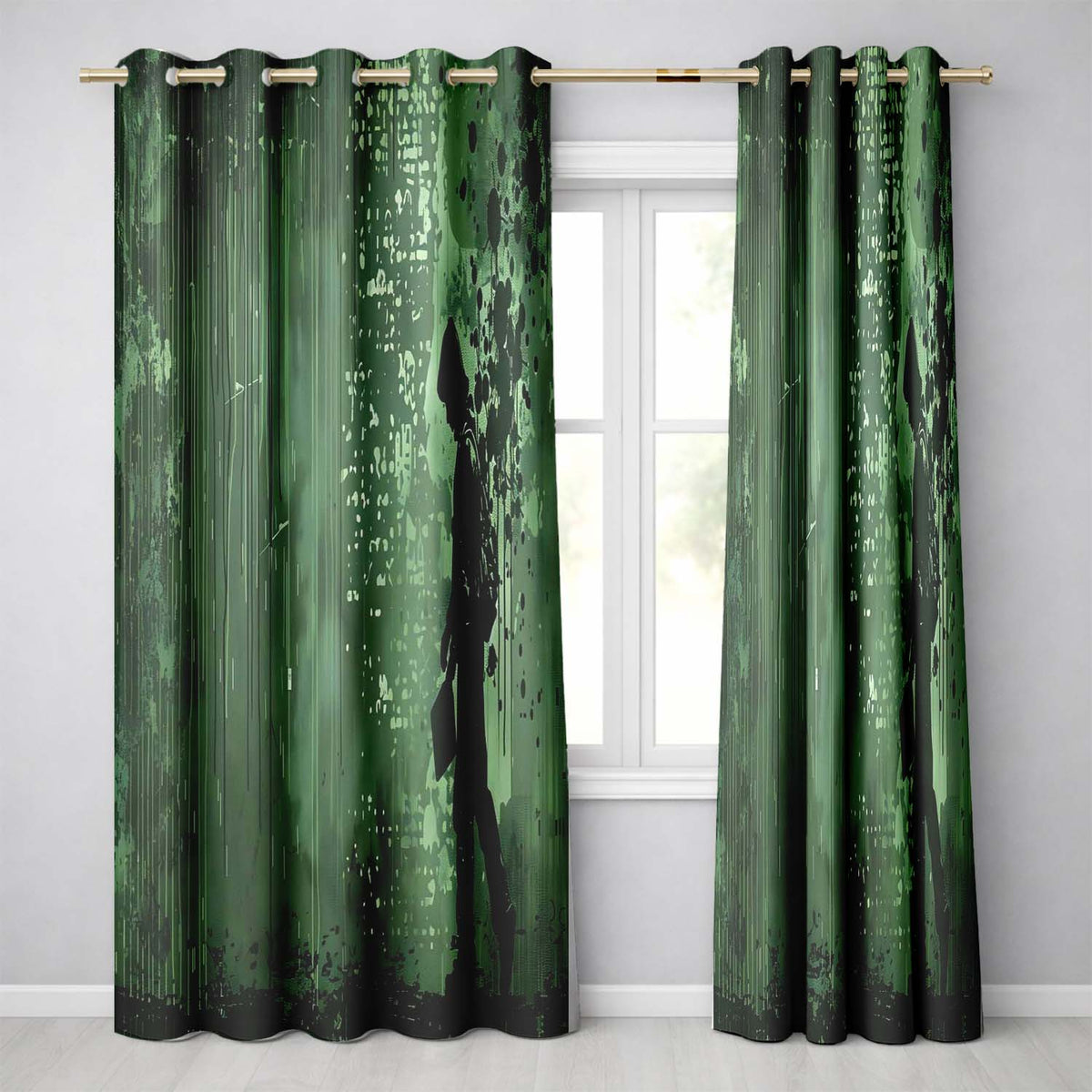 Green Rainy Traveller Silhouette Street Art Stylish Unique Artwork for Home Decor Readymade Eyelet Ring Top Thermal 100% Blackout Curtains