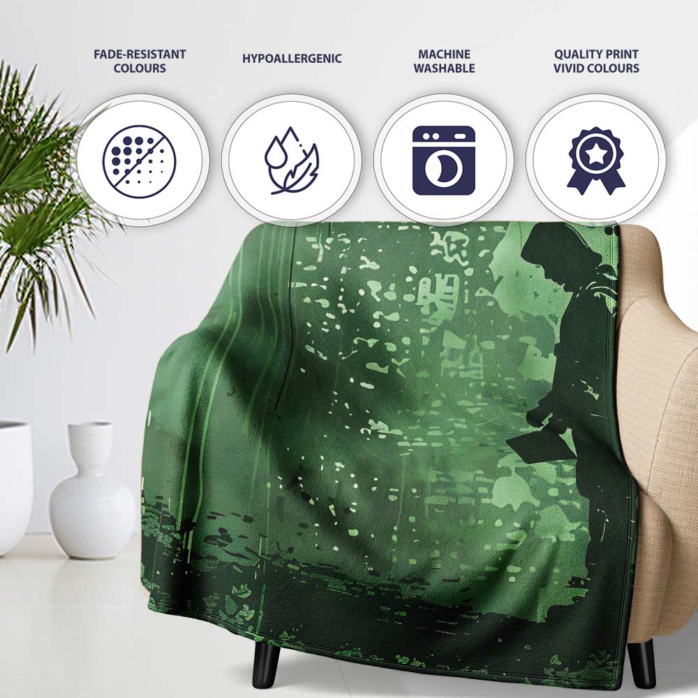 Green Rainy Traveller Silhouette Street Art, Bedroom Living Room Accent, Unique Artistic Design - Super Soft Fleece Blanket Bed Sofa Throw