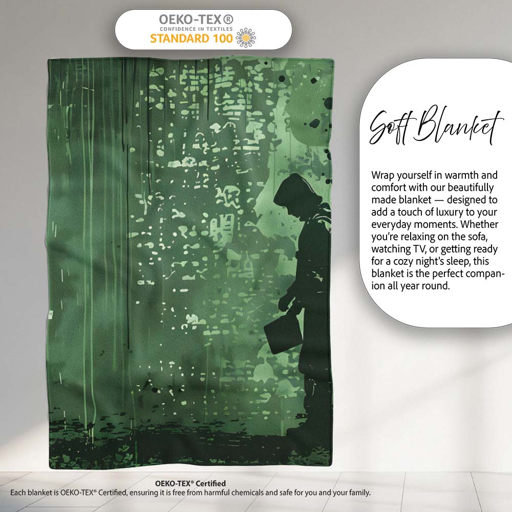 Green Rainy Traveller Silhouette Street Art, Bedroom Living Room Accent, Unique Artistic Design - Super Soft Fleece Blanket Bed Sofa Throw