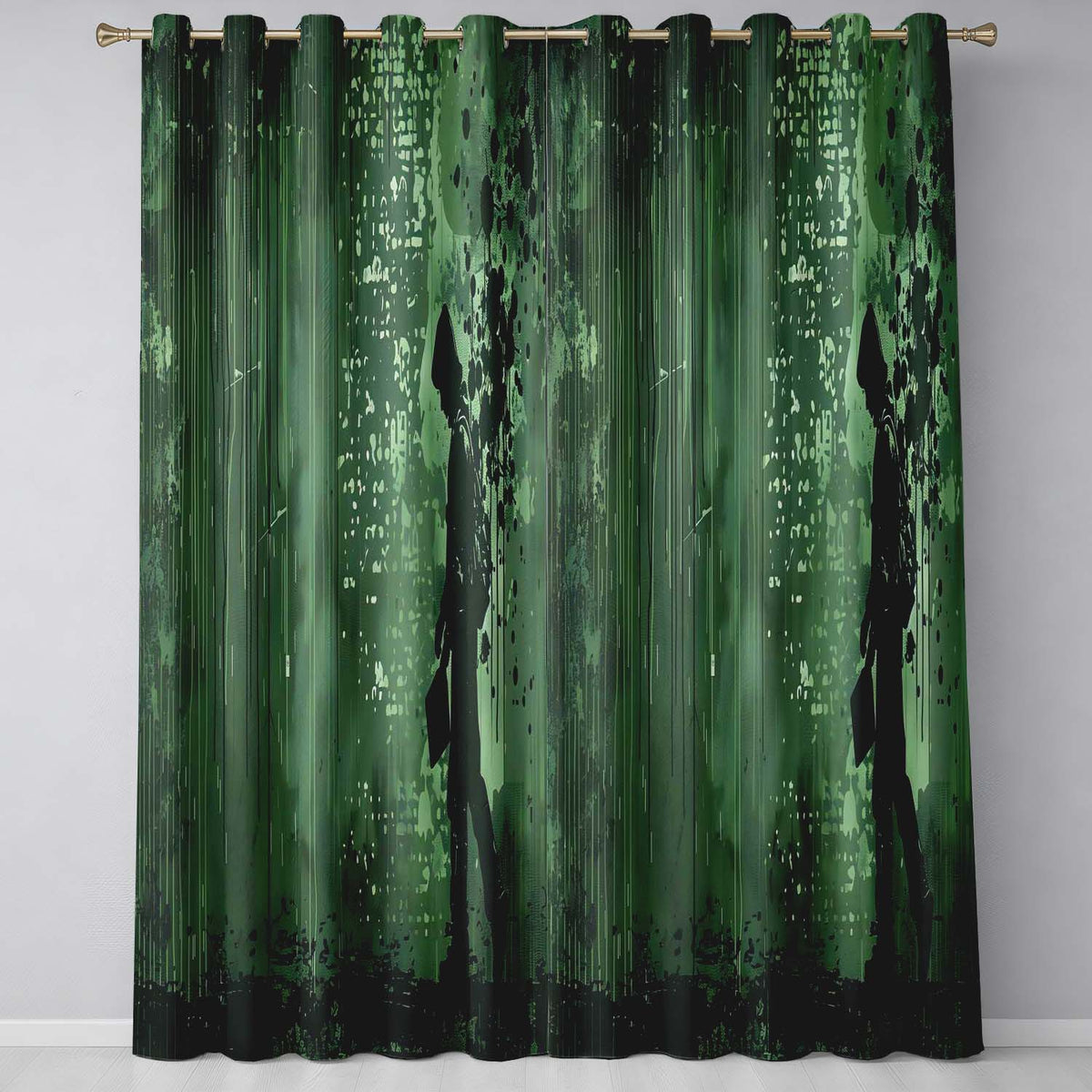 Green Rainy Traveller Silhouette Street Art Stylish Unique Artwork for Home Decor Readymade Eyelet Ring Top Thermal 100% Blackout Curtains