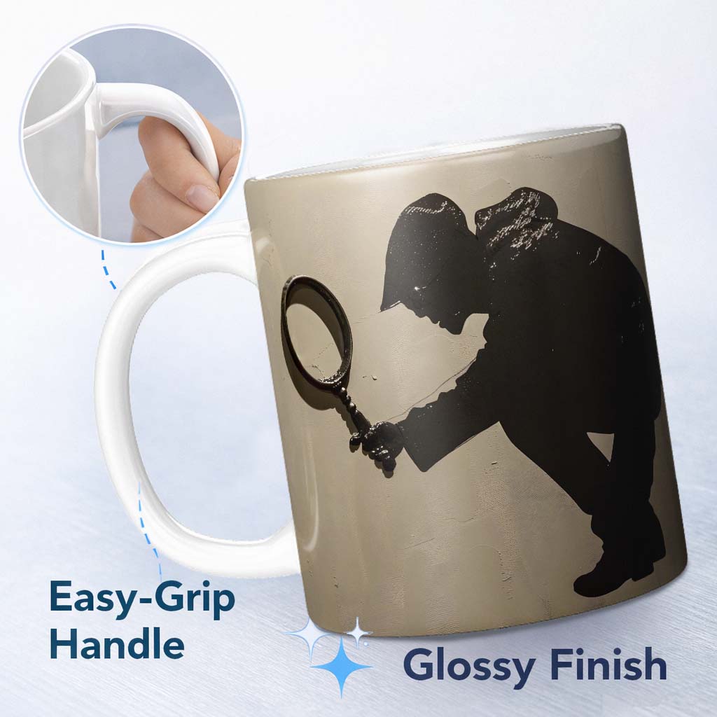 Detective Magnifying Glass Minimalist Shadow Art 11oz Ceramic Coffee Tea Mug White Large Handle