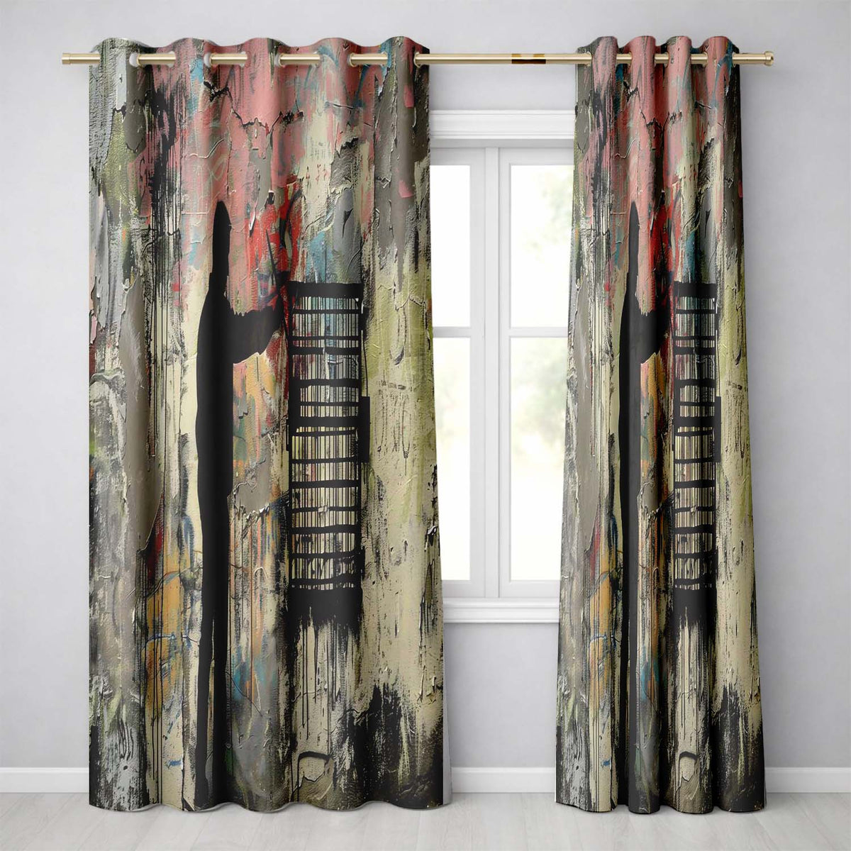 Man Unlocking Urban Cage Graffiti Scene Vibrant Expressive Artwork for Home Decor Readymade Eyelet Ring Top Thermal 100% Blackout Curtains