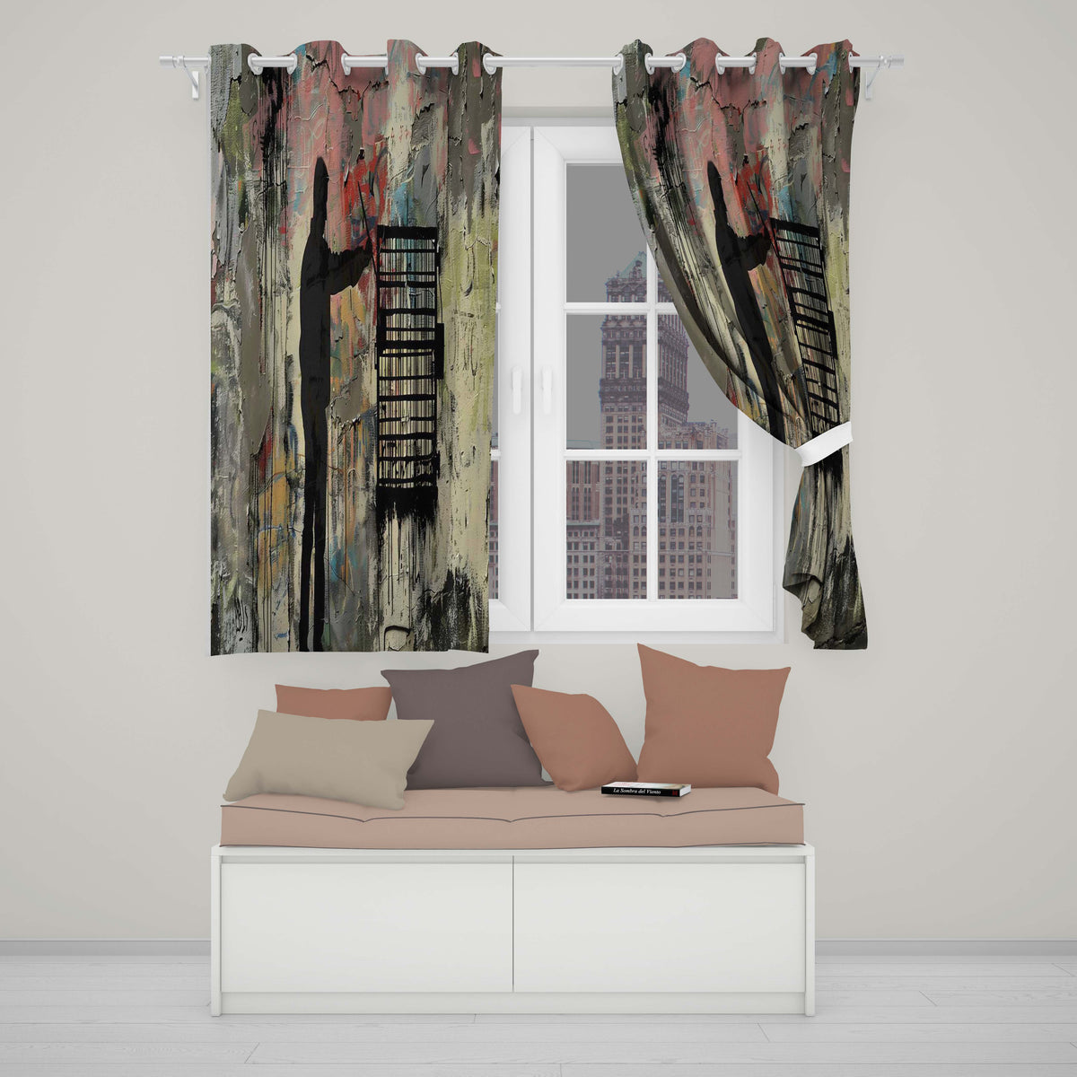 Man Unlocking Urban Cage Graffiti Scene Vibrant Expressive Artwork for Home Decor Readymade Eyelet Ring Top Thermal 100% Blackout Curtains