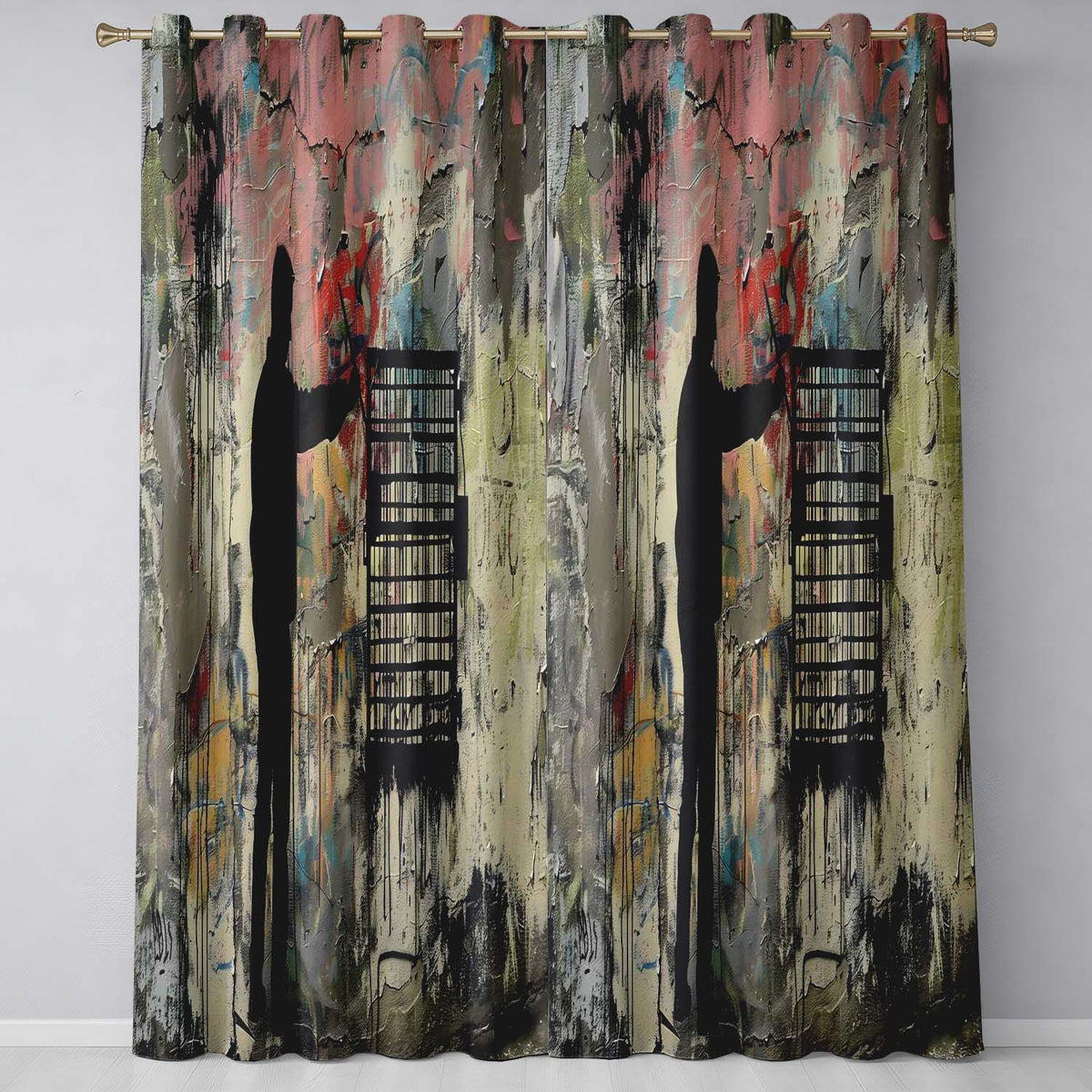 Man Unlocking Urban Cage Graffiti Scene Vibrant Expressive Artwork for Home Decor Readymade Eyelet Ring Top Thermal 100% Blackout Curtains