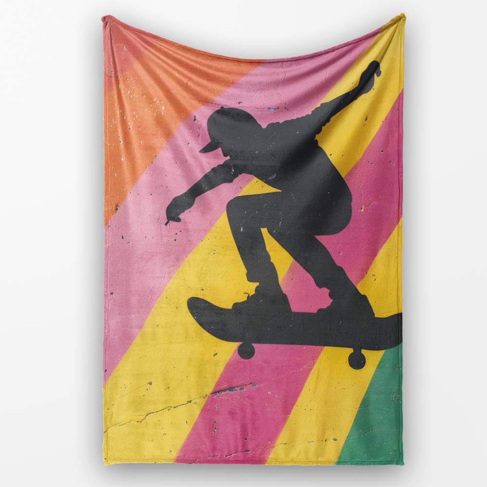 Colourful Skateboarder Silhouette Rainbow Street Art, Lightweight Comfortable Decorative Accent - Super Soft Fleece Blanket Bed Sofa Throw