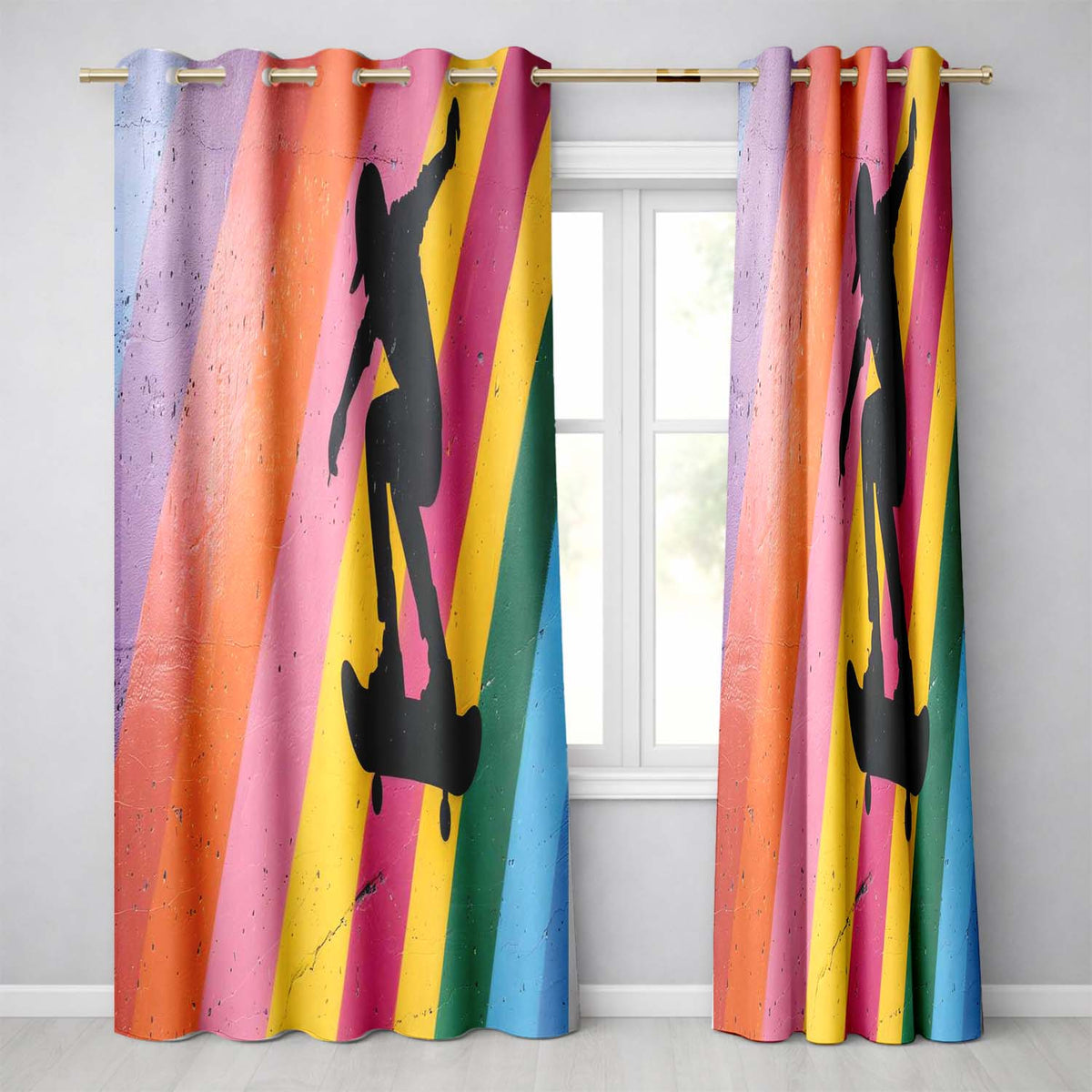 Colourful Skateboarder Silhouette Rainbow Street Art Modern Design for Home Decor Readymade Eyelet Ring Top Thermal 100% Blackout Curtains