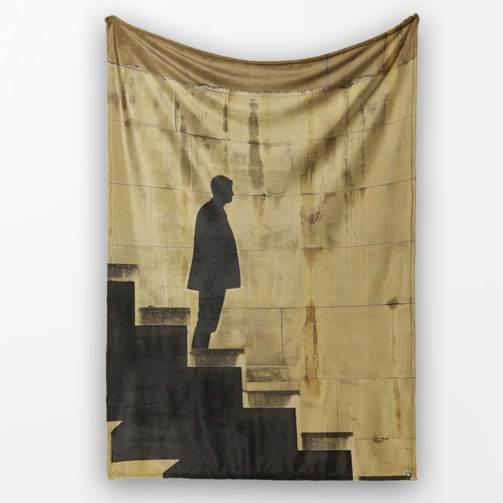 Lone Man on Abstract Staircase Sepia Art, Bedroom Living Room Accent, Gift for Adults and Teens - Super Soft Fleece Blanket Bed Sofa Throw