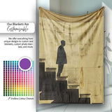 Lone Man on Abstract Staircase Sepia Art, Bedroom Living Room Accent, Gift for Adults and Teens - Super Soft Fleece Blanket Bed Sofa Throw
