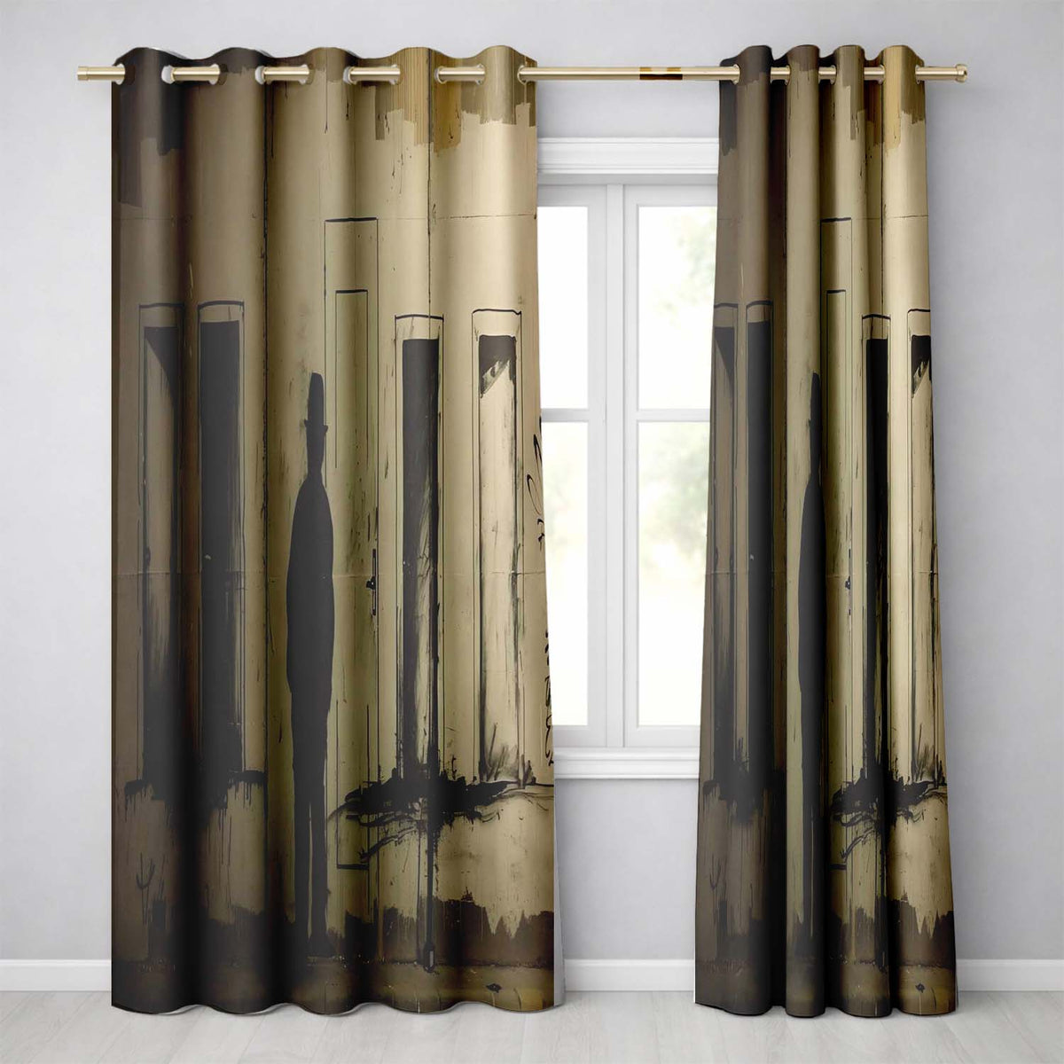 Shadow Man Among Painted Doorways Urban Art Stylish Unique Artwork for Home Decor Readymade Eyelet Ring Top Thermal 100% Blackout Curtains