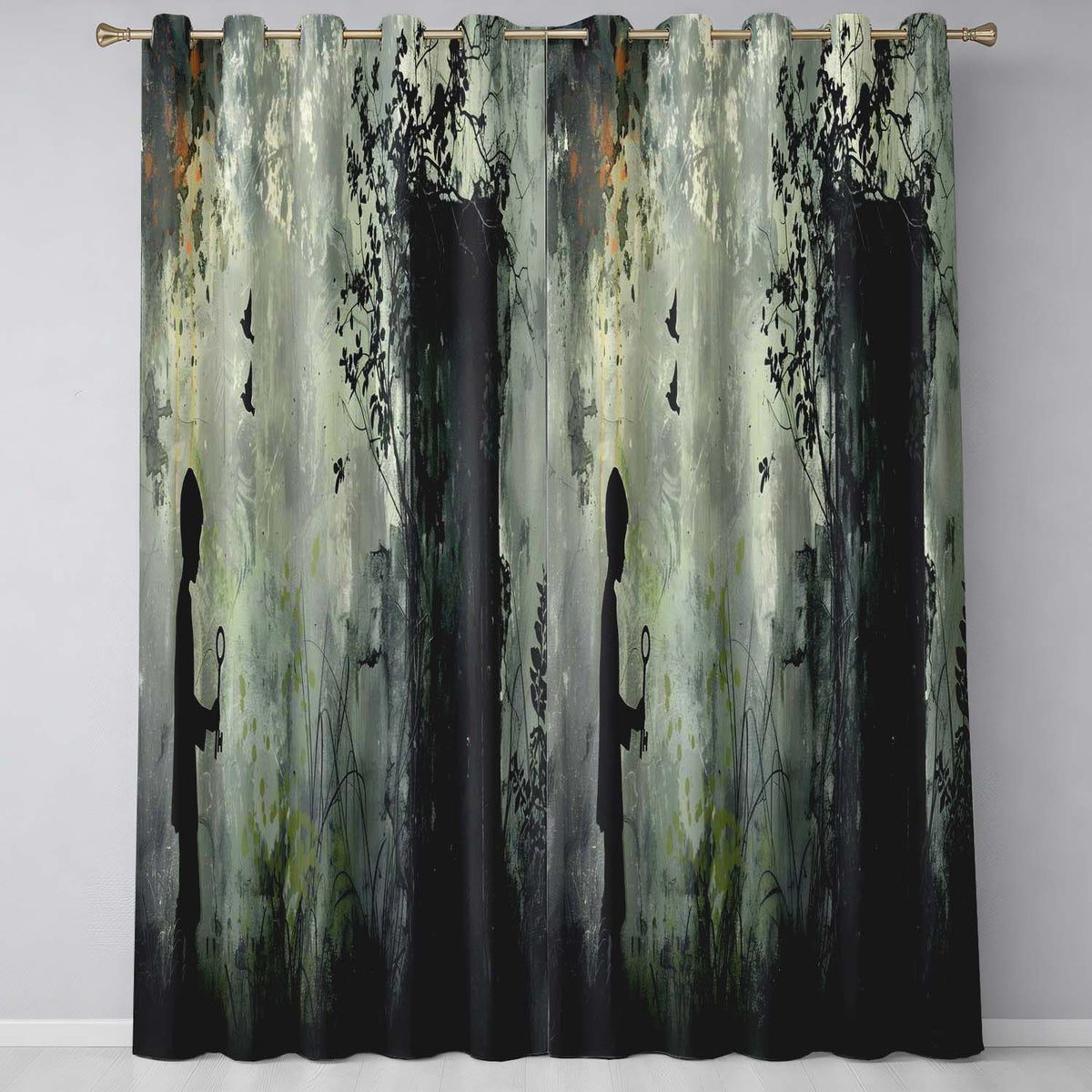 Child Holding Key Near Overgrown Door Art Elegant Timeless Artwork for Home Decor Readymade Eyelet Ring Top Thermal 100% Blackout Curtains