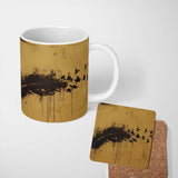 Black Bird Burst on Mustard Yellow Wall Art 11oz Ceramic Coffee Tea Mug White Large Handle