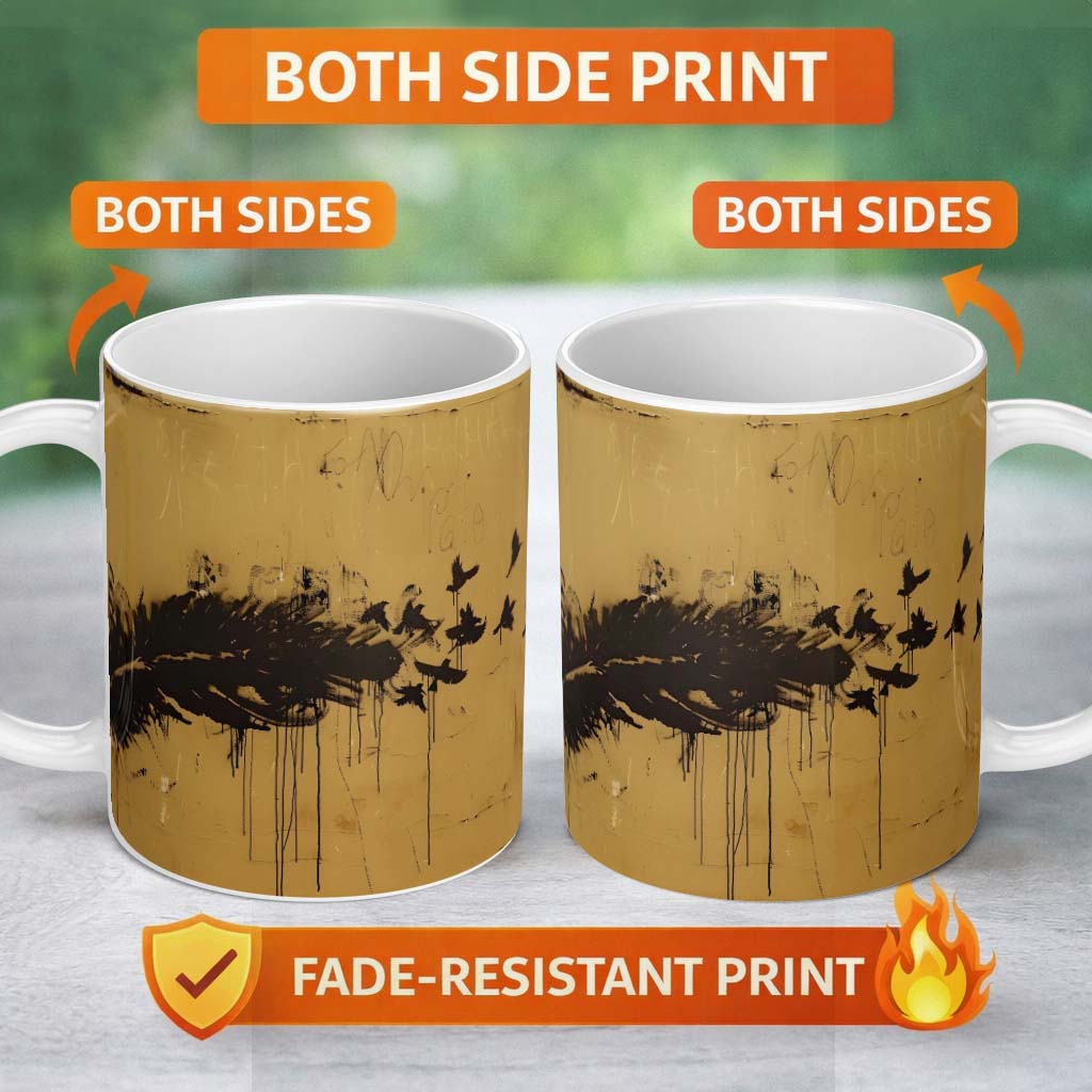 Black Bird Burst on Mustard Yellow Wall Art 11oz Ceramic Coffee Tea Mug White Large Handle
