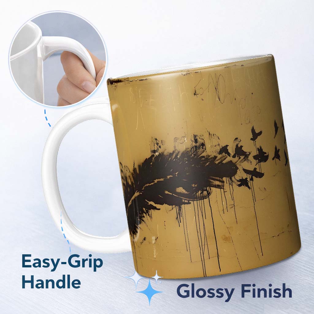 Black Bird Burst on Mustard Yellow Wall Art 11oz Ceramic Coffee Tea Mug White Large Handle