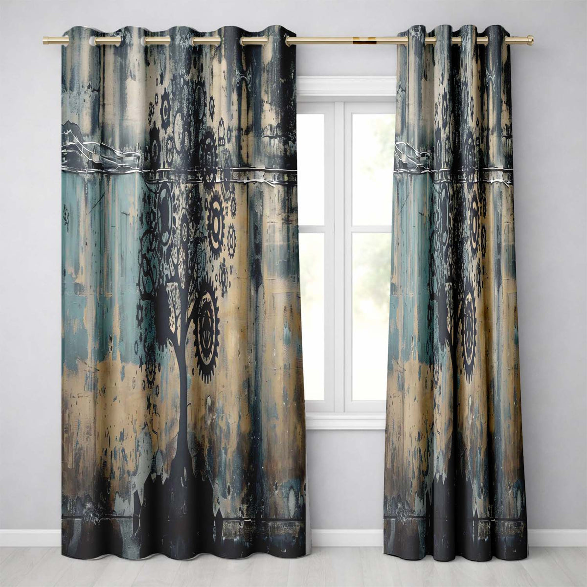 Mechanical Gear Tree Blue Beige Industrial Art Contemporary Design for Home Decor Readymade Eyelet Ring Top Thermal 100% Blackout Curtains