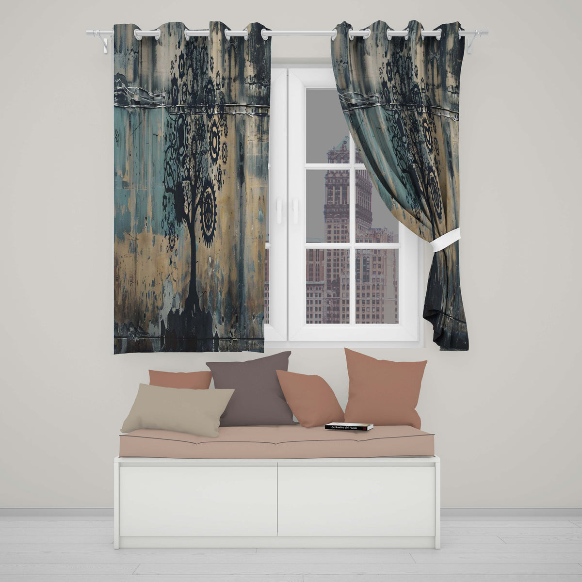 Mechanical Gear Tree Blue Beige Industrial Art Contemporary Design for Home Decor Readymade Eyelet Ring Top Thermal 100% Blackout Curtains