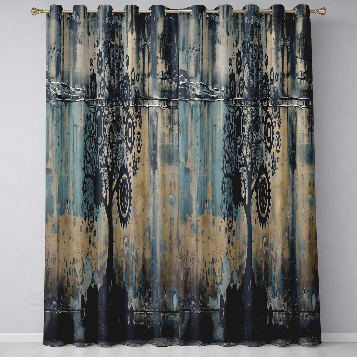 Mechanical Gear Tree Blue Beige Industrial Art Contemporary Design for Home Decor Readymade Eyelet Ring Top Thermal 100% Blackout Curtains