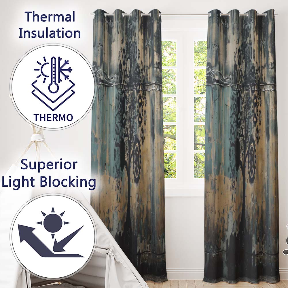 Mechanical Gear Tree Blue Beige Industrial Art Contemporary Design for Home Decor Readymade Eyelet Ring Top Thermal 100% Blackout Curtains