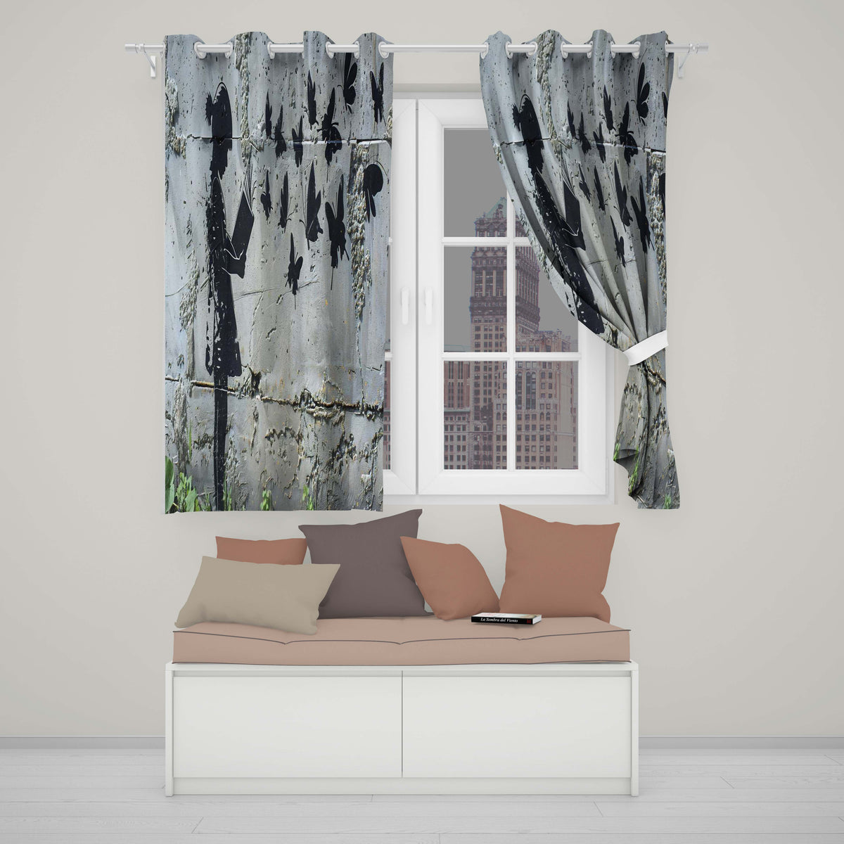 Girl Reading Book Butterfly Street Art Expressive Artistic Artwork for Home Decor Readymade Eyelet Ring Top Thermal 100% Blackout Curtains