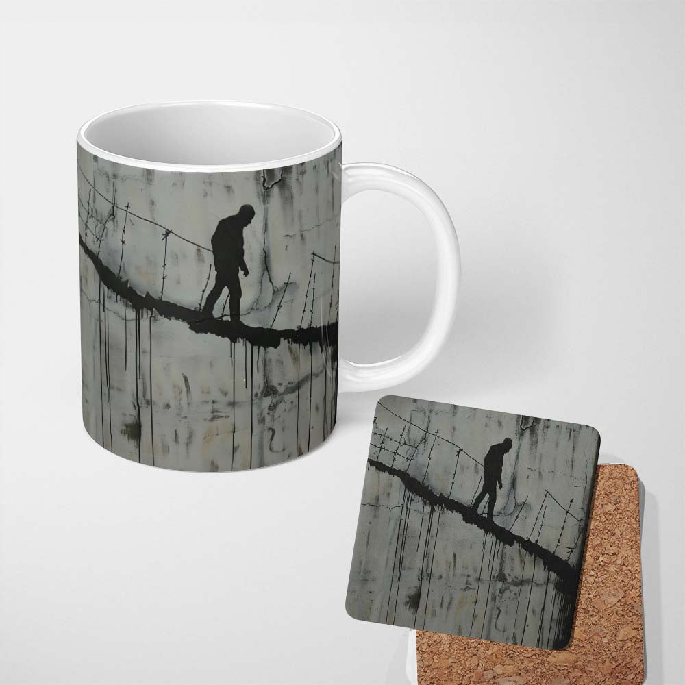 Lone Walker on Barbed Wire Tightrope Urban Art 11oz Ceramic Coffee Tea Mug White Large Handle