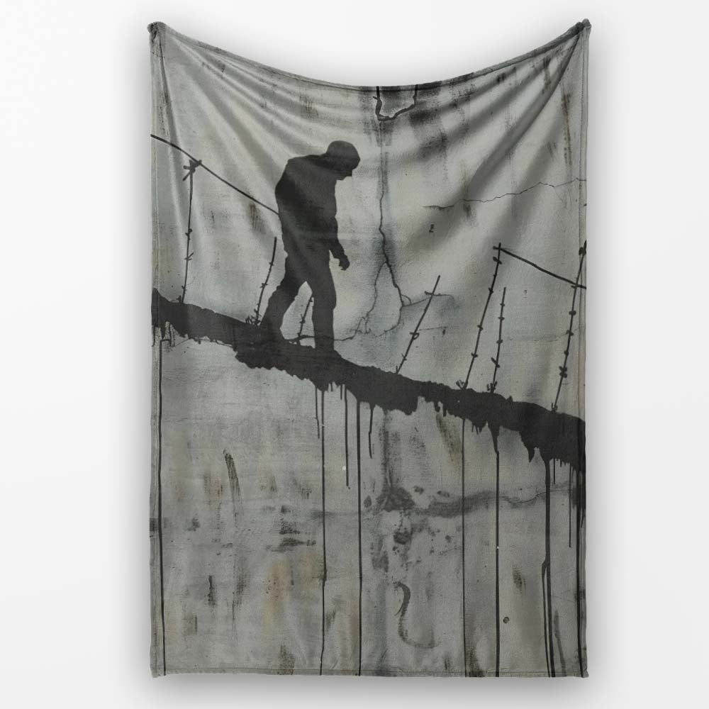 Lone Walker on Barbed Wire Tightrope Urban Art, Lightweight Warm Gift, Comfortable Everyday Use - Super Soft Fleece Blanket Bed Sofa Throw