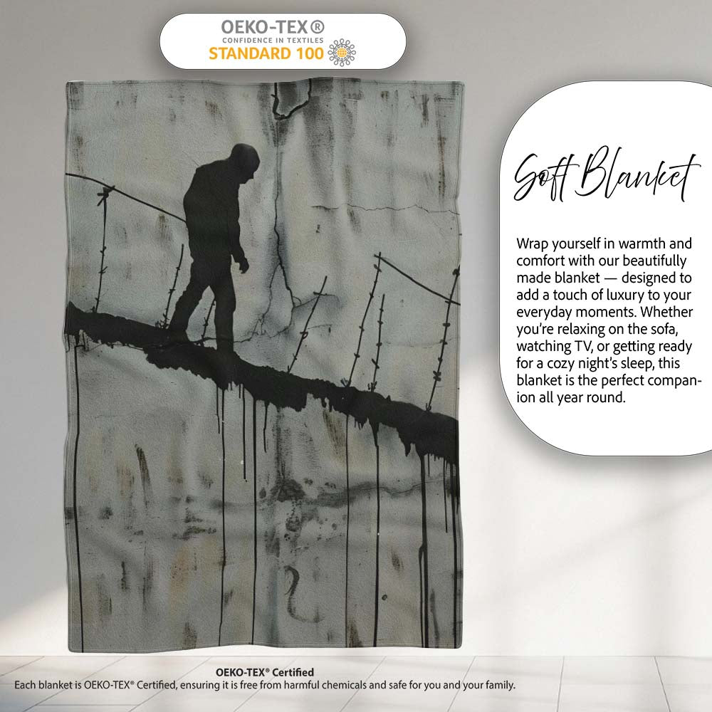Lone Walker on Barbed Wire Tightrope Urban Art, Lightweight Warm Gift, Comfortable Everyday Use - Super Soft Fleece Blanket Bed Sofa Throw