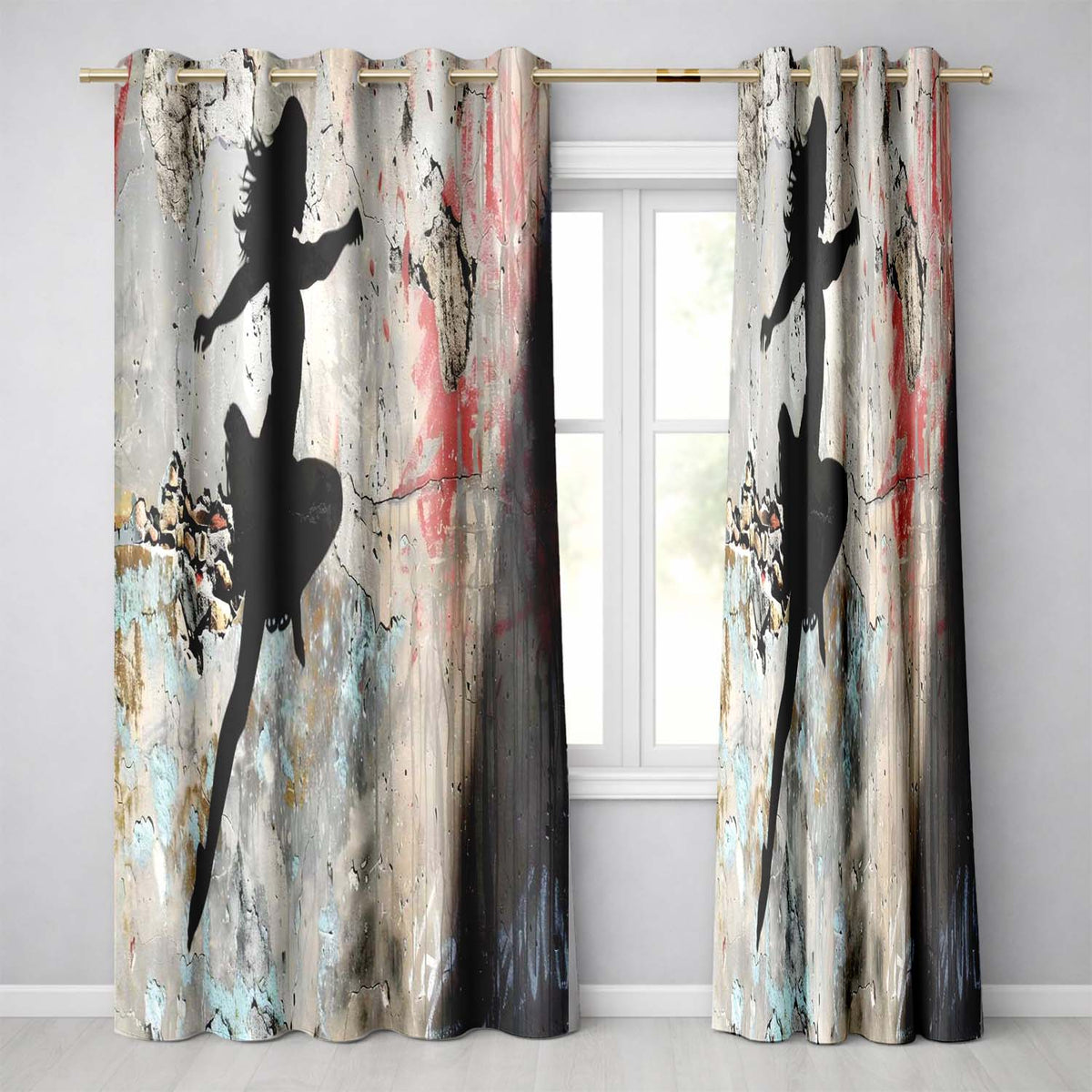 Dancing Ballerina Silhouette Urban Graffiti Wall Art Artistic Artistic Home Decor Readymade Eyelet Ring Top Thermal 100% Blackout Curtains