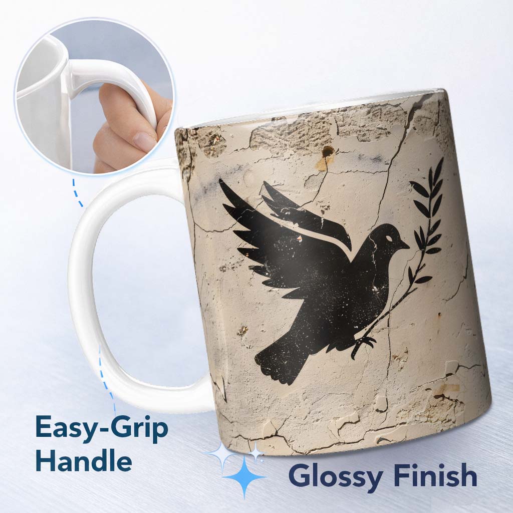 Black Peace Dove Olive Branch Minimalist Wall Art 11oz Ceramic Coffee Tea Mug White Large Handle