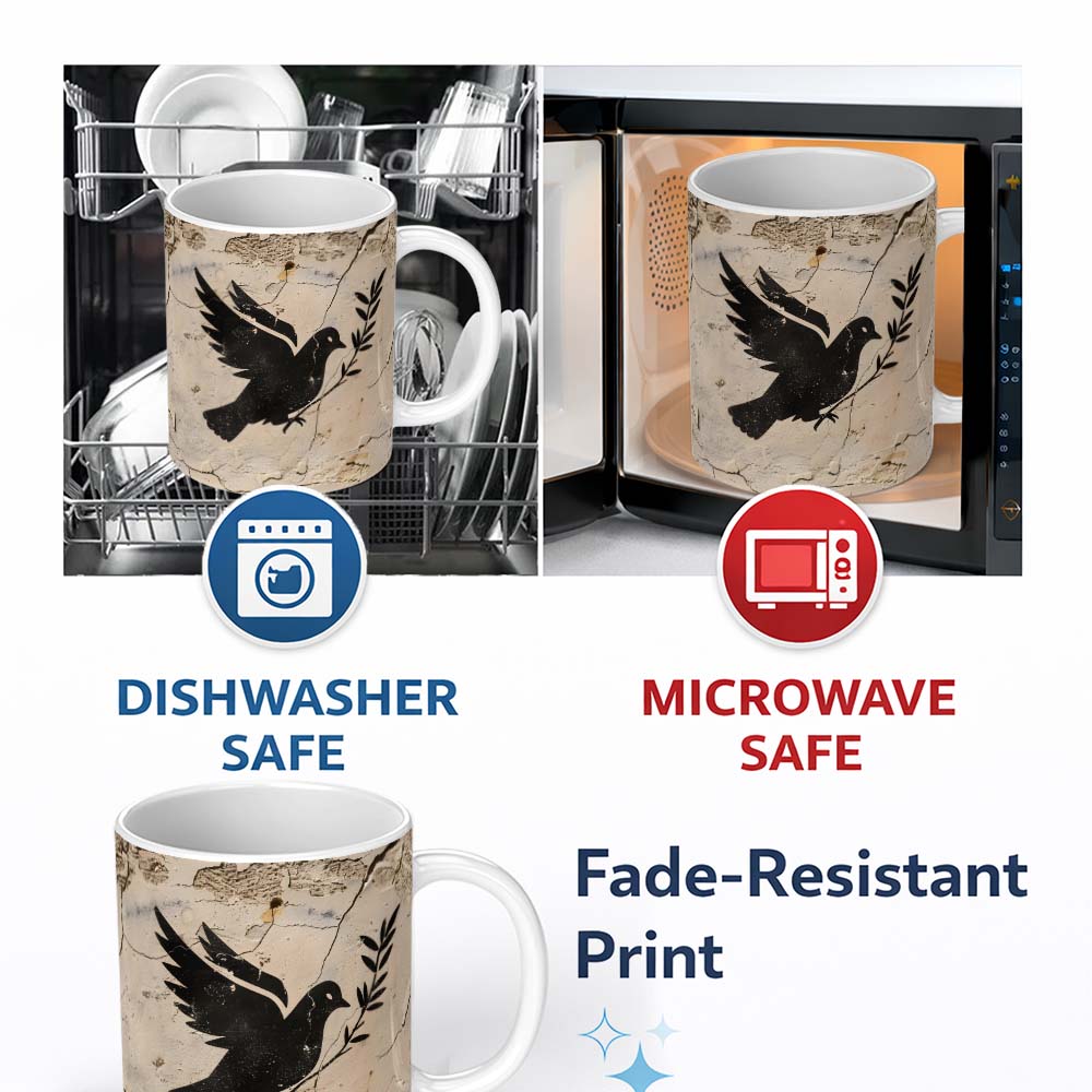 Black Peace Dove Olive Branch Minimalist Wall Art 11oz Ceramic Coffee Tea Mug White Large Handle