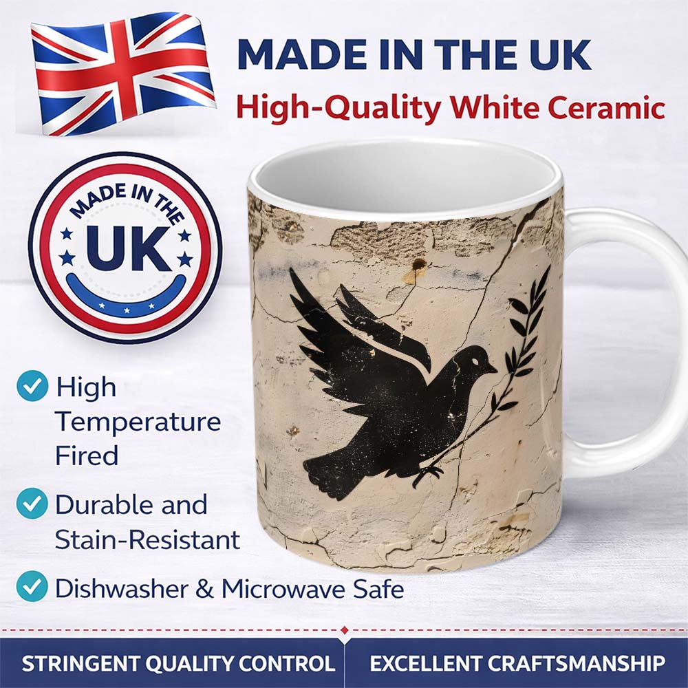 Black Peace Dove Olive Branch Minimalist Wall Art 11oz Ceramic Coffee Tea Mug White Large Handle