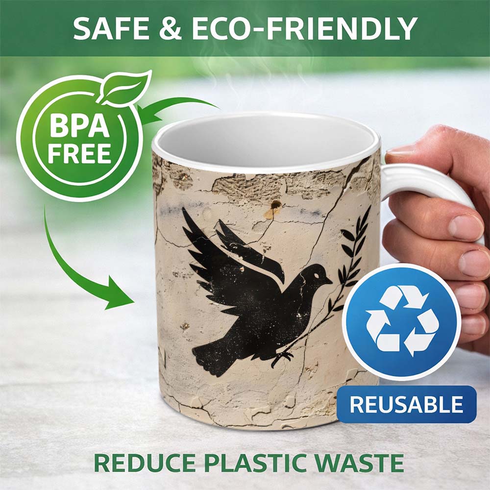 Black Peace Dove Olive Branch Minimalist Wall Art 11oz Ceramic Coffee Tea Mug White Large Handle