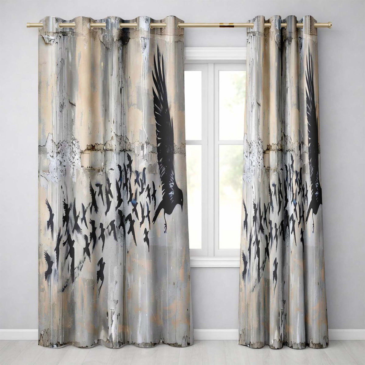 Flying Black Birds Flock Urban Graffiti Wall Art Decorative Design for Home Decor Readymade Eyelet Ring Top Thermal 100% Blackout Curtains