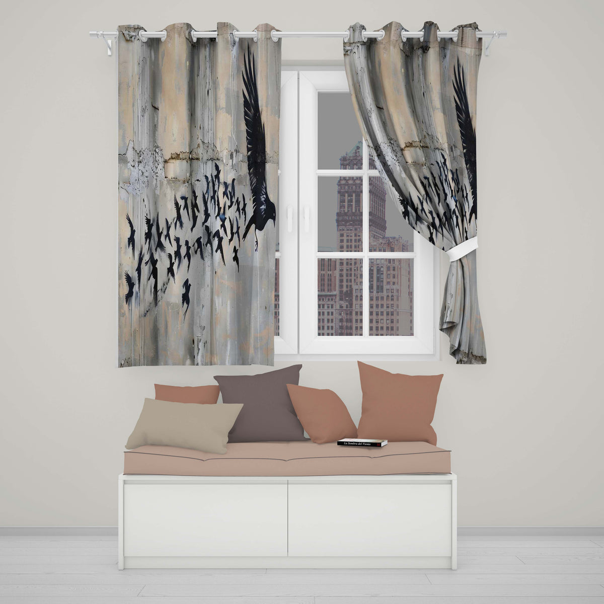 Flying Black Birds Flock Urban Graffiti Wall Art Decorative Design for Home Decor Readymade Eyelet Ring Top Thermal 100% Blackout Curtains